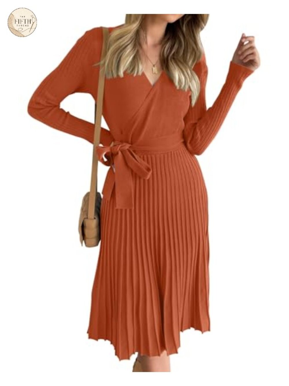 Long Sleeve Wrap Midi Sweater Dress Ribbed Knit Pleated Belted